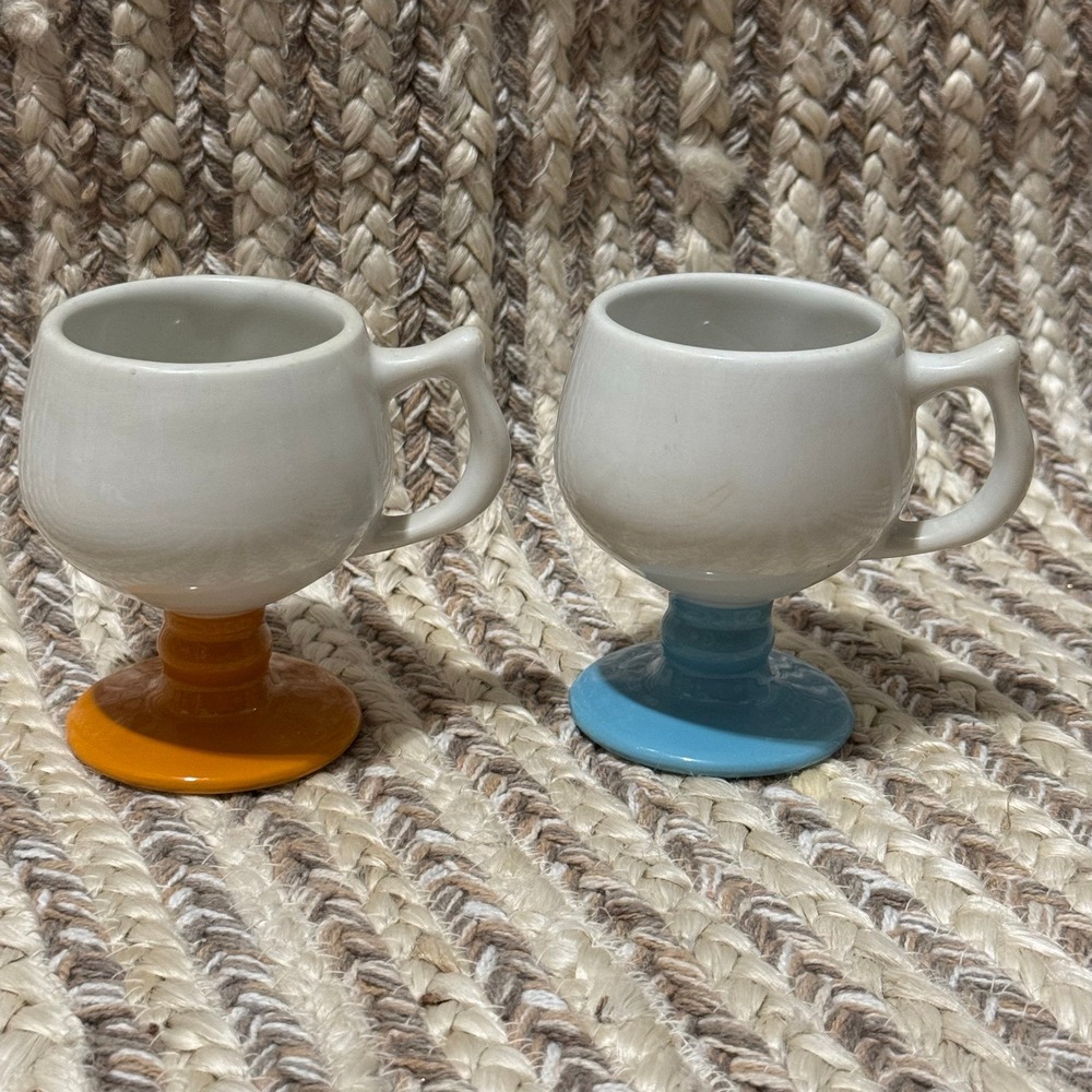 Vintage Set of 2 Small Footed Coffee Mugs Cups Blue Orange Unique Pedestal Style
